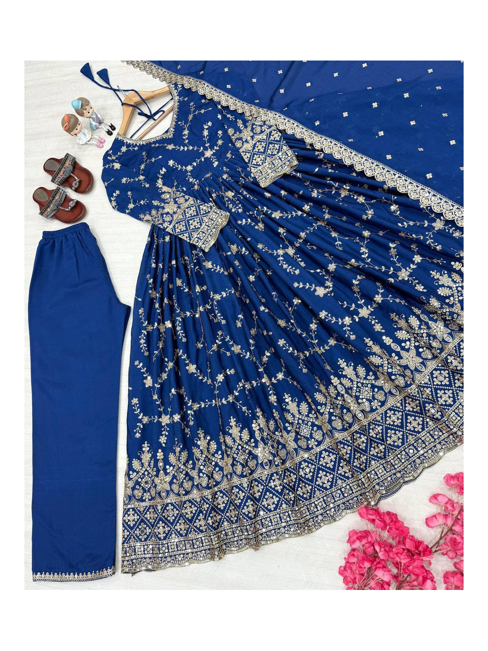 Glamorous Chinon Anarkali Set With Mirror Work Sleeves And Cut Work Dupatta