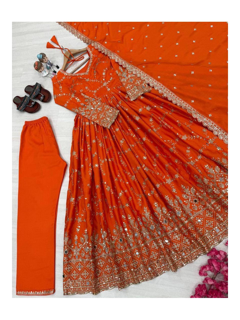 Glamorous Chinon Anarkali Set With Mirror Work Sleeves And Cut Work Dupatta