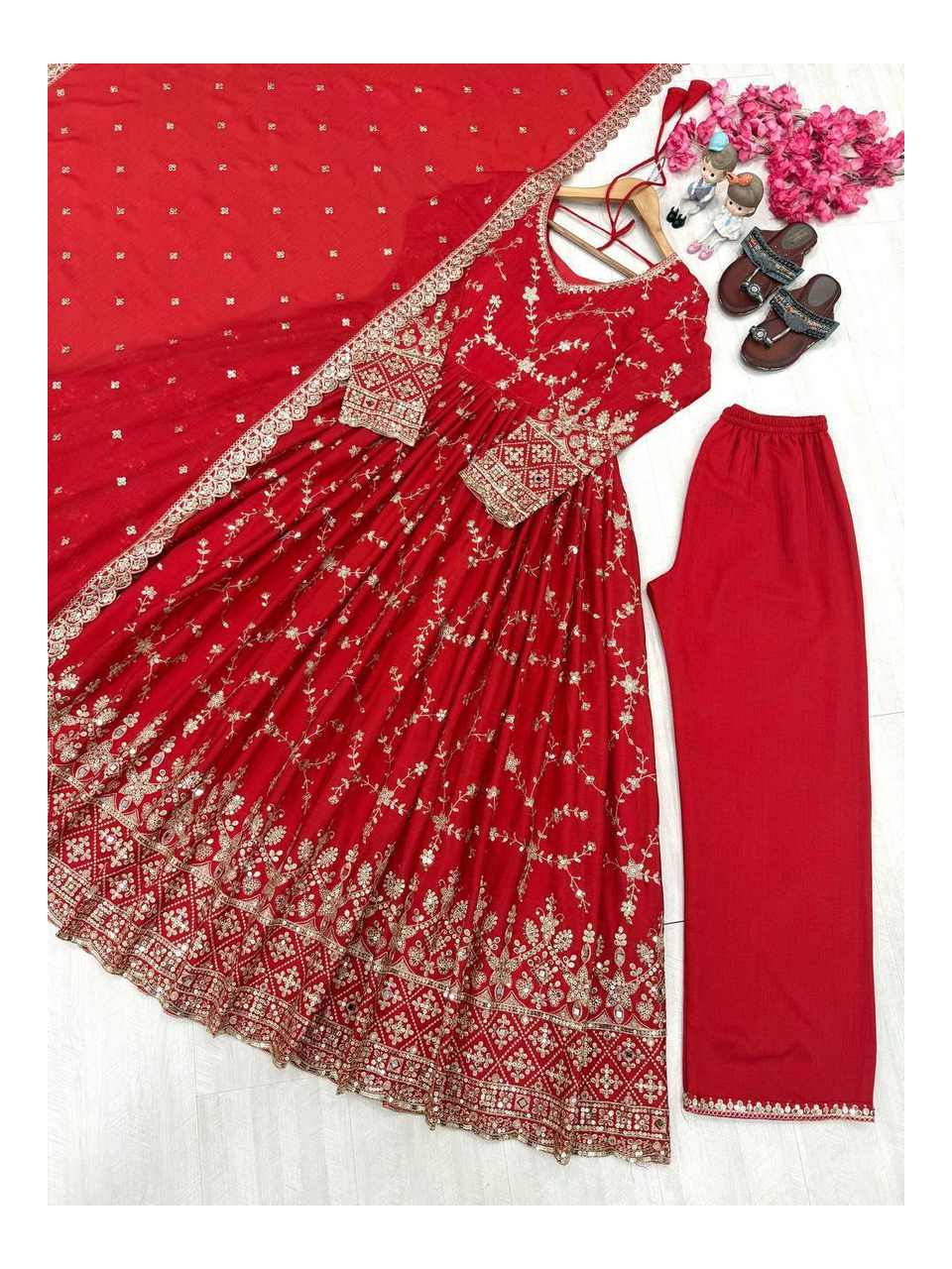 Glamorous Chinon Anarkali Set With Mirror Work Sleeves And Cut Work Dupatta