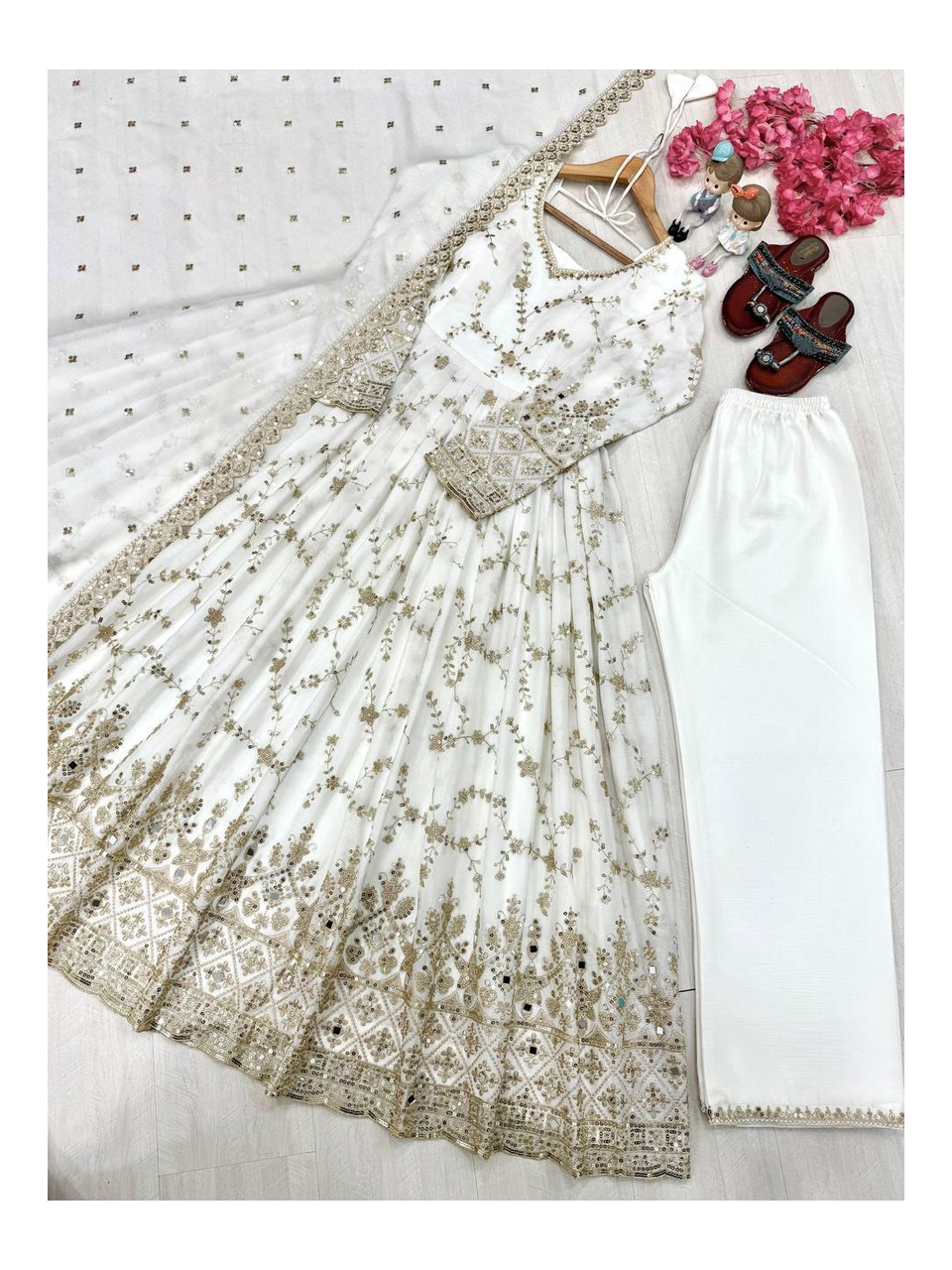 Glamorous Chinon Anarkali Set With Mirror Work Sleeves And Cut Work Dupatta