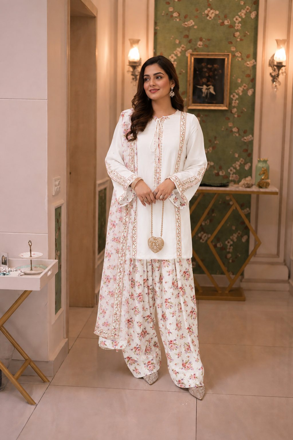 Pure Natural Crape Embroidered Full‑Sleeve Top with Heavy Sequence Work, Faux Georgette Digital Print Farshi Pant and Fox Georgette Embroidered Dupatta
