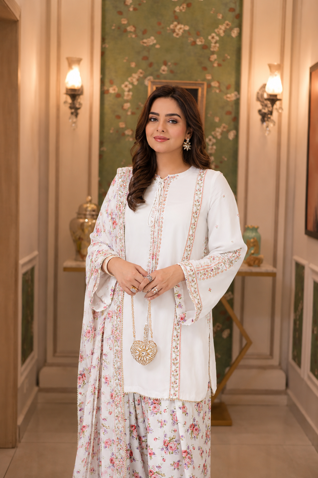 Pure Natural Crape Embroidered Full‑Sleeve Top with Heavy Sequence Work, Faux Georgette Digital Print Farshi Pant and Fox Georgette Embroidered Dupatta