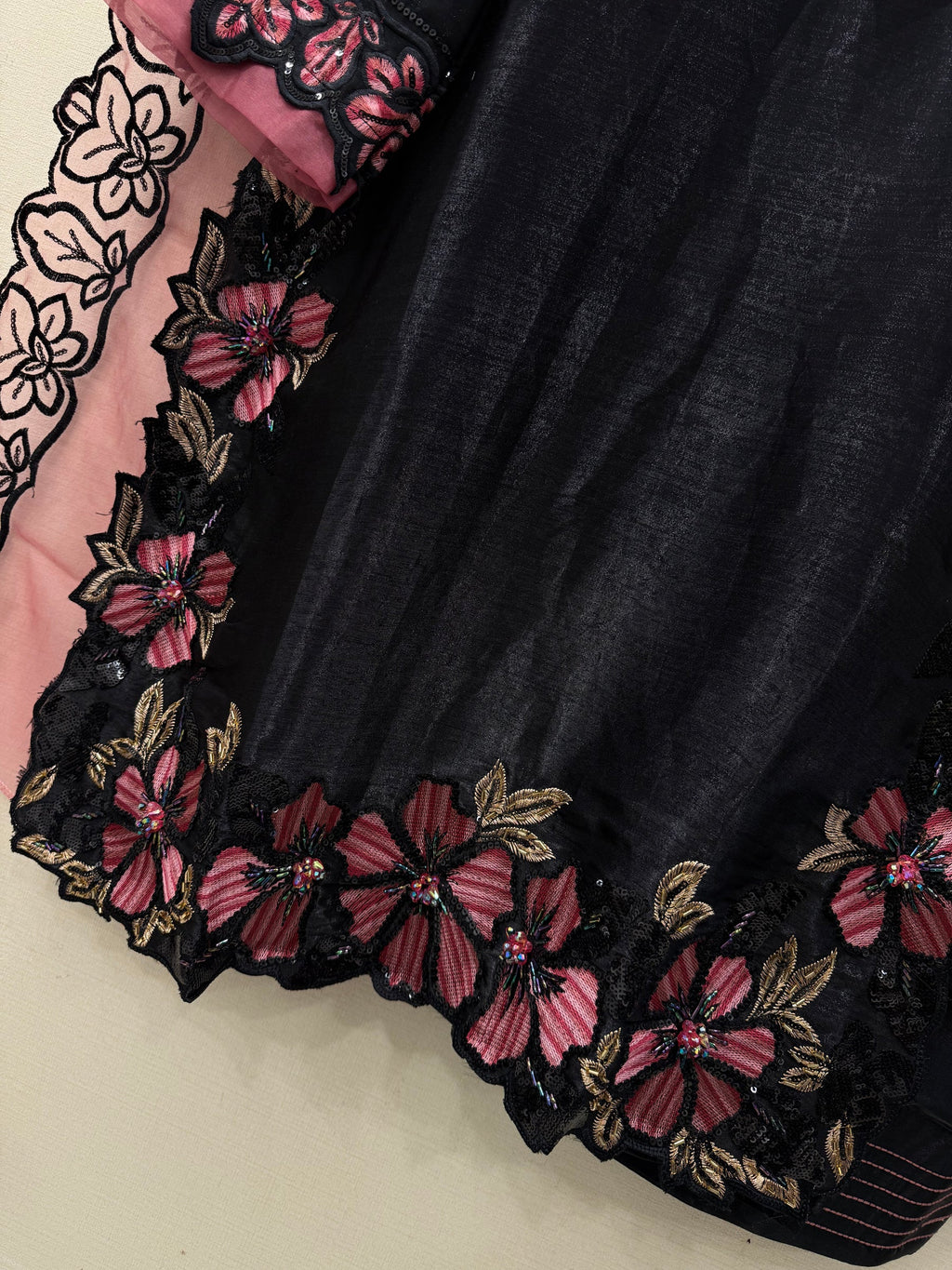 Elegant Farsi Style Black Farshi Salwar Suit Set in Roman Glass Silk with Floral Embroidery, Sequence & Rivet Moti Work, Fully Stitched, GMY Silk Dupatta