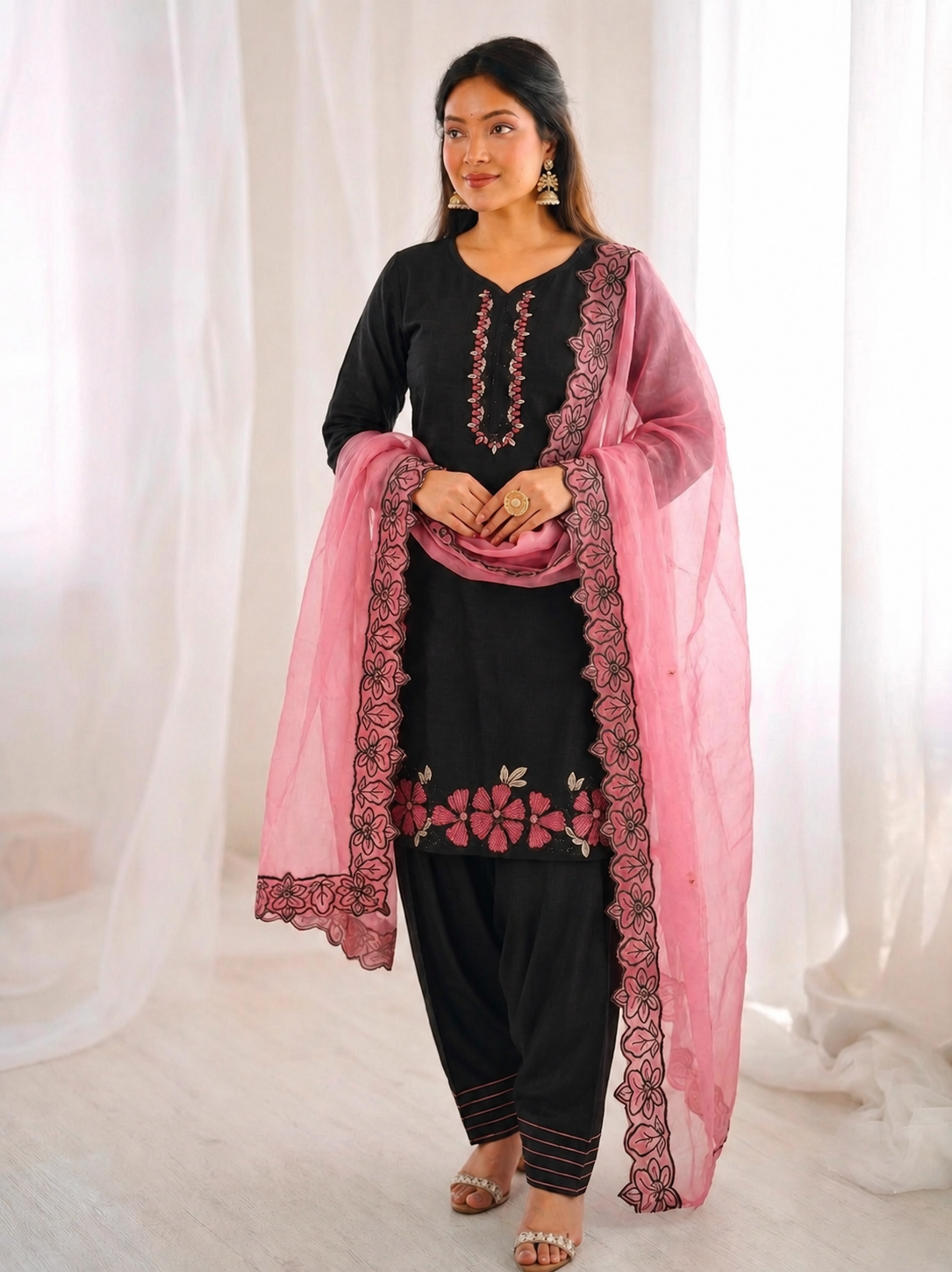 Elegant Farsi Style Black Farshi Salwar Suit Set in Roman Glass Silk with Floral Embroidery, Sequence & Rivet Moti Work, Fully Stitched, GMY Silk Dupatta