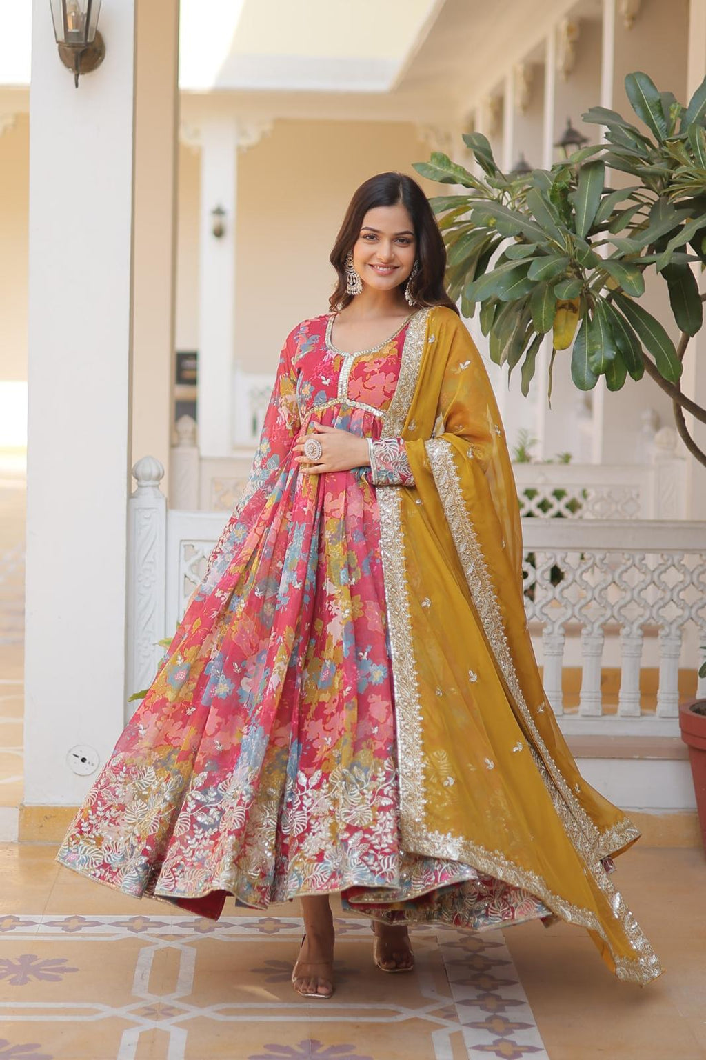 Alia Cut Gown with Full Sleeve Fancy V‑Neck in Digital Printed Russian Silk, Embroidered Zari Sequins, and Matching Russian Silk Cut‑Work Dupatta