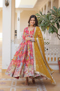 Alia Cut Gown with Full Sleeve Fancy V‑Neck in Digital Printed Russian Silk, Embroidered Zari Sequins, and Matching Russian Silk Cut‑Work Dupatta