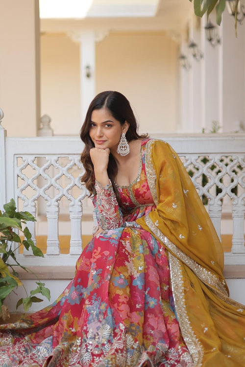 Alia Cut Gown with Full Sleeve Fancy V‑Neck in Digital Printed Russian Silk, Embroidered Zari Sequins, and Matching Russian Silk Cut‑Work Dupatta