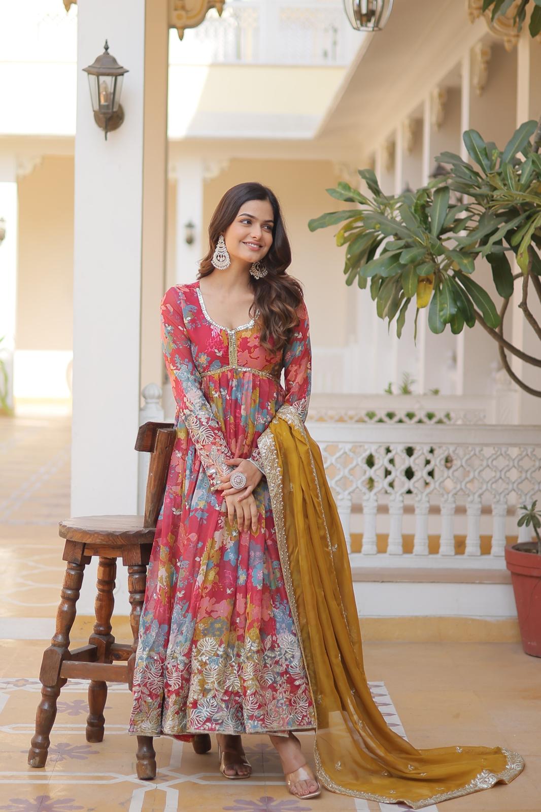 Alia Cut Gown with Full Sleeve Fancy V‑Neck in Digital Printed Russian Silk, Embroidered Zari Sequins, and Matching Russian Silk Cut‑Work Dupatta