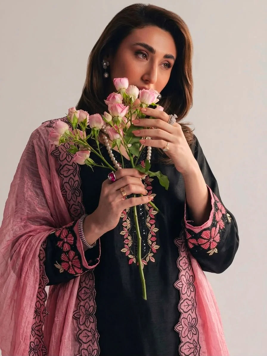 Elegant Farsi Style Black Farshi Salwar Suit Set in Roman Glass Silk with Floral Embroidery, Sequence & Rivet Moti Work, Fully Stitched, GMY Silk Dupatta
