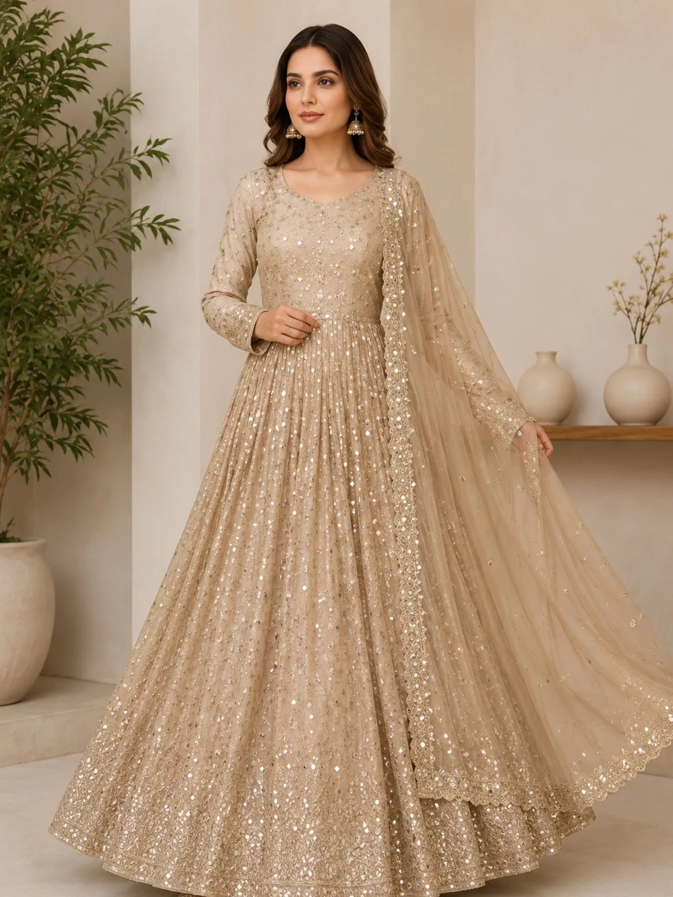Glamorous Chinon Anarkali Set With Mirror Work Sleeves And Cut Work Dupatta