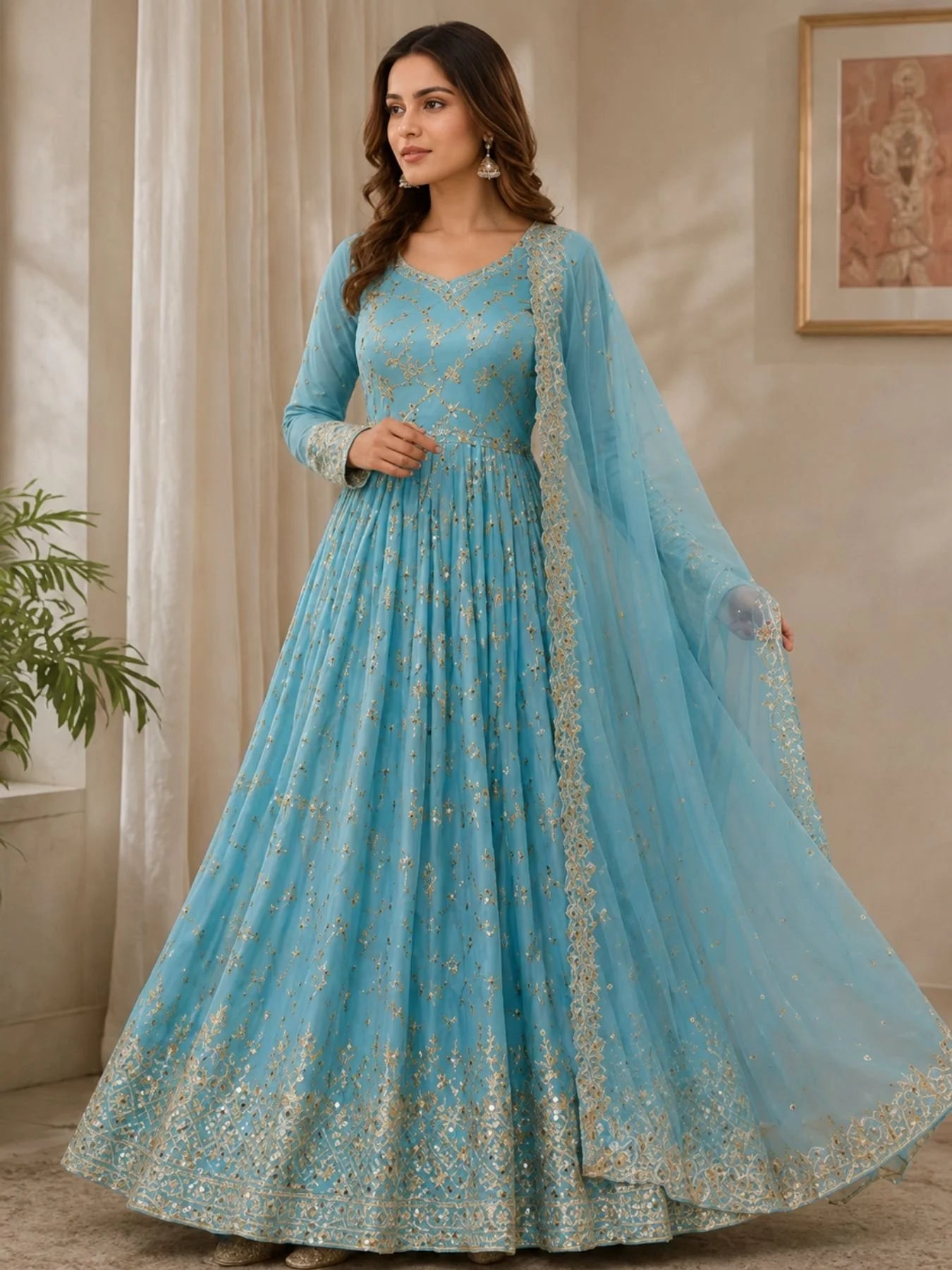 Glamorous Chinon Anarkali Set With Mirror Work Sleeves And Cut Work Dupatta