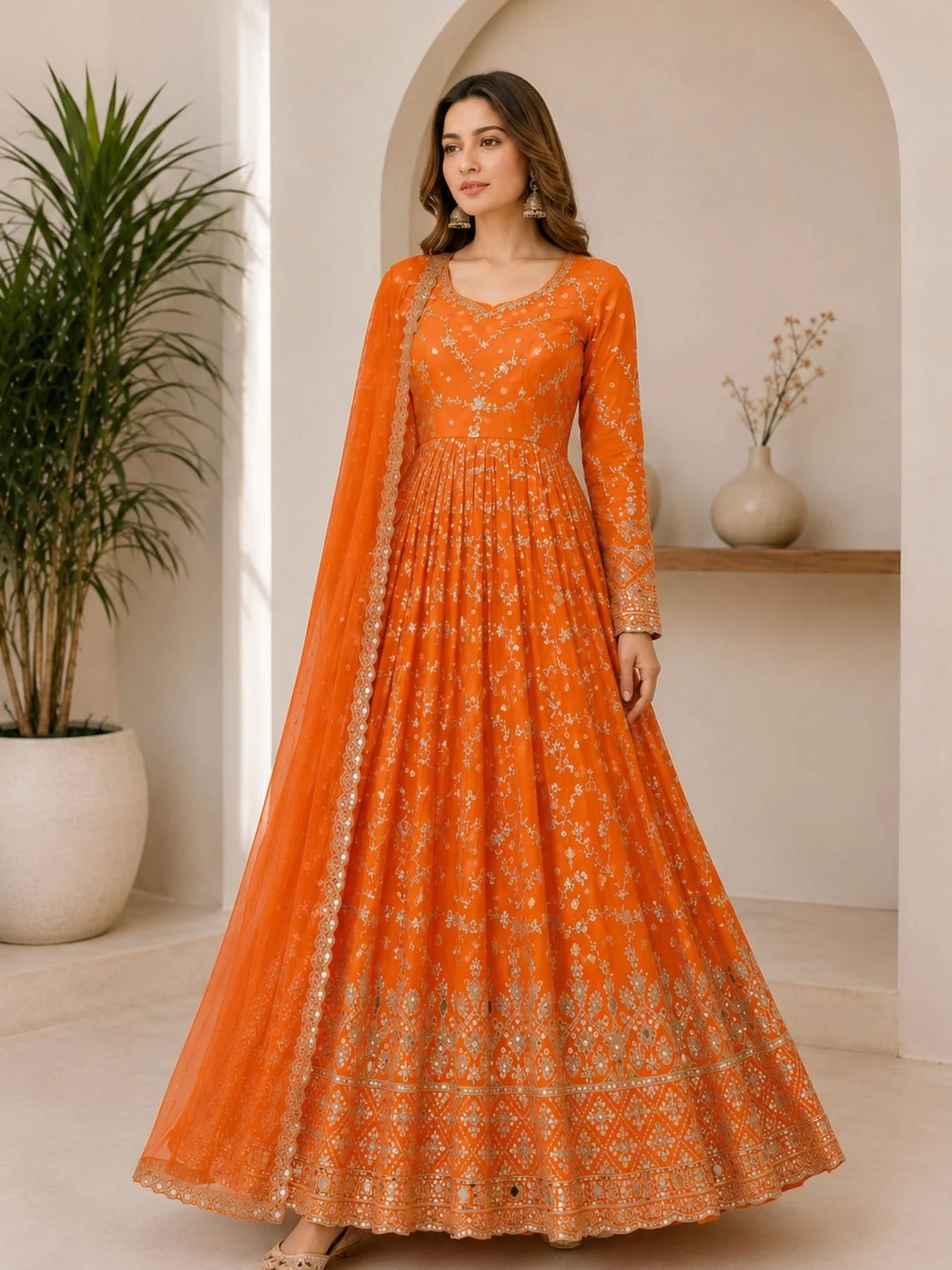 Glamorous Chinon Anarkali Set With Mirror Work Sleeves And Cut Work Dupatta