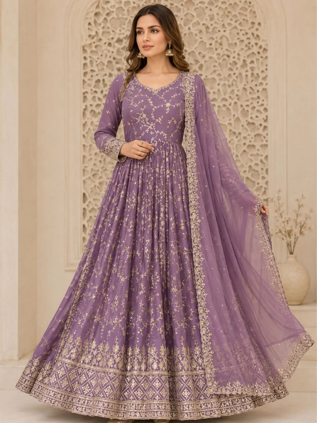Glamorous Chinon Anarkali Set With Mirror Work Sleeves And Cut Work Dupatta