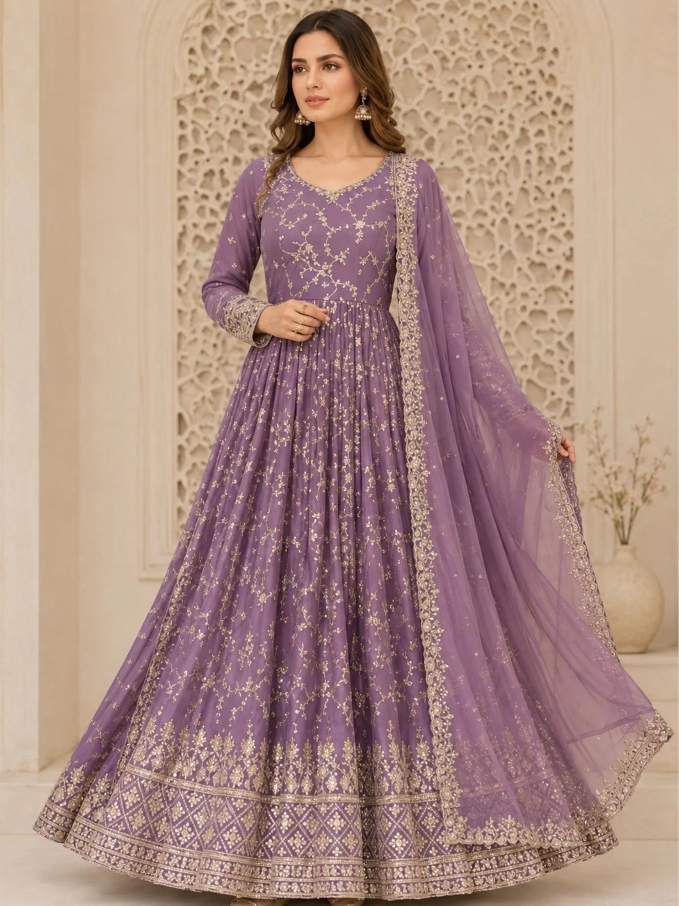 Glamorous Chinon Anarkali Set With Mirror Work Sleeves And Cut Work Dupatta