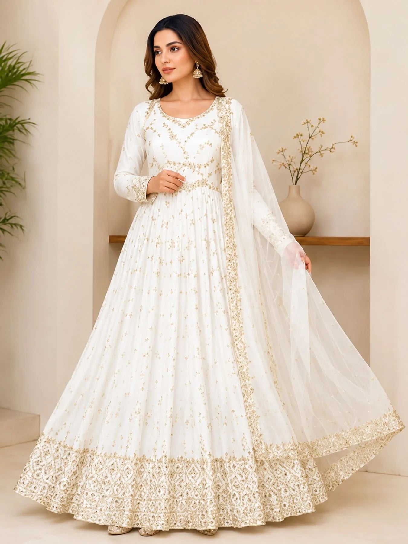 Glamorous Chinon Anarkali Set With Mirror Work Sleeves And Cut Work Dupatta