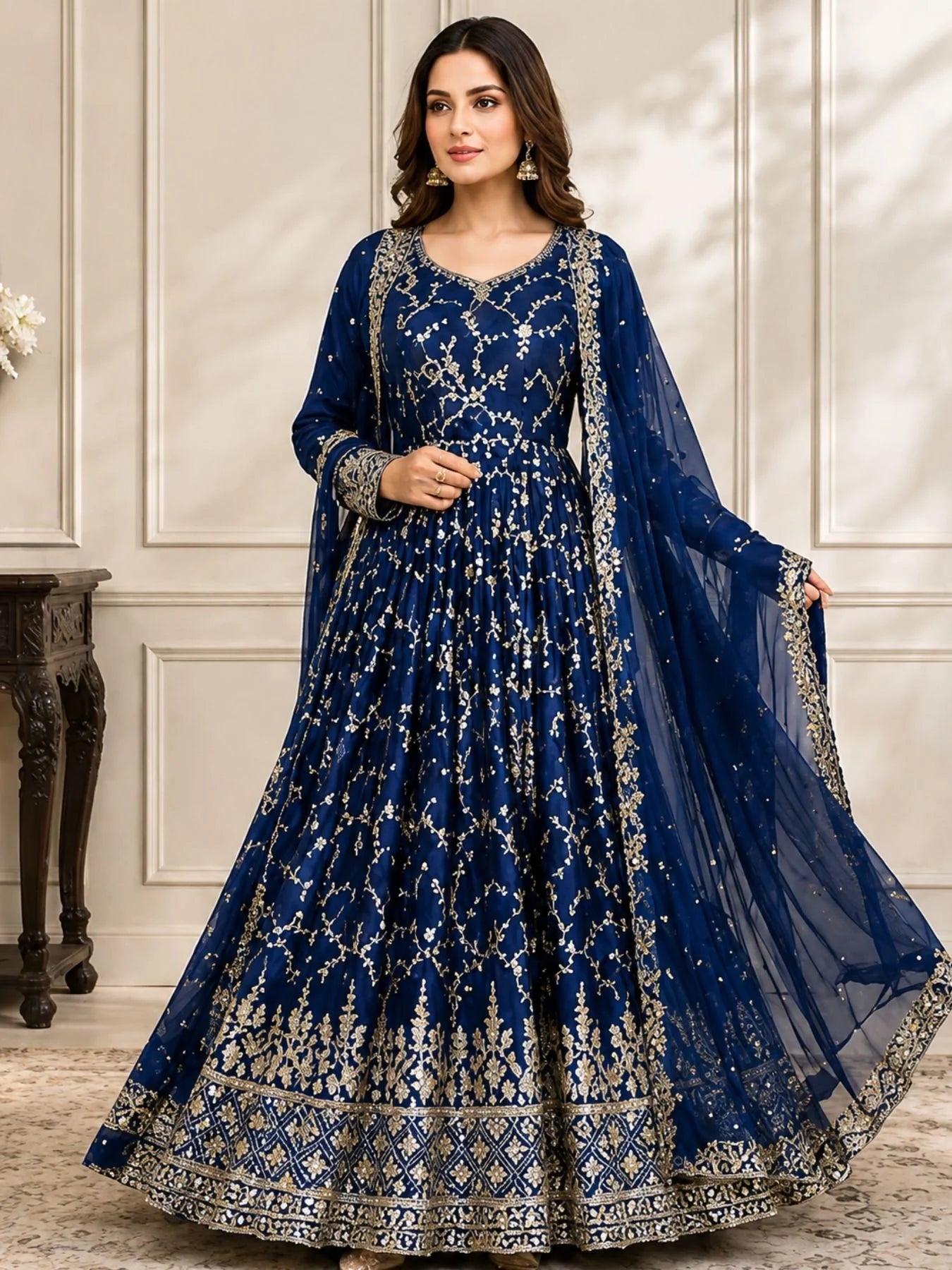Glamorous Chinon Anarkali Set With Mirror Work Sleeves And Cut Work Dupatta