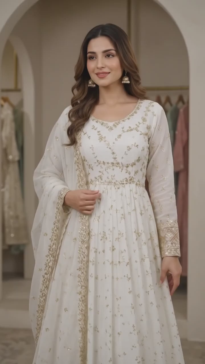 Glamorous Chinon Anarkali Set With Mirror Work Sleeves And Cut Work Dupatta