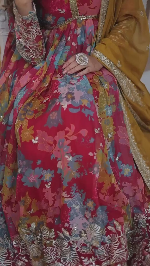Alia Cut Gown with Full Sleeve Fancy V‑Neck in Digital Printed Russian Silk, Embroidered Zari Sequins, and Matching Russian Silk Cut‑Work Dupatta