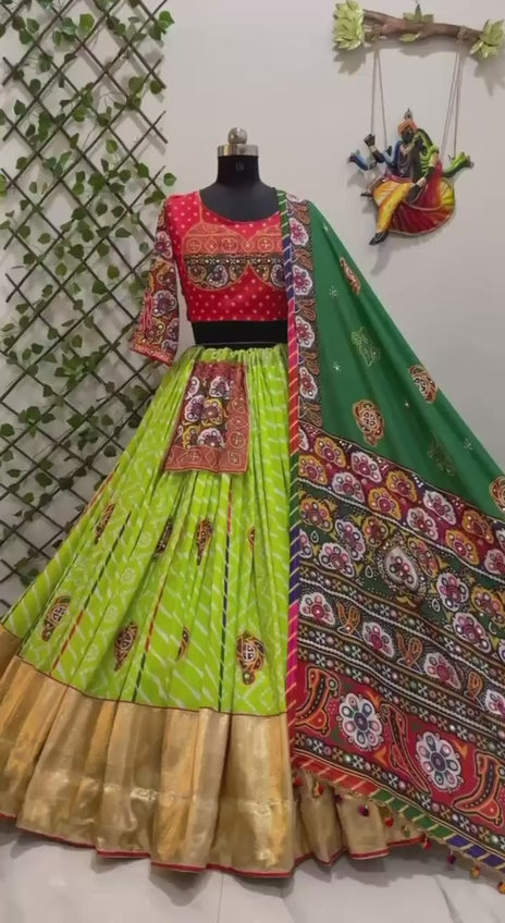 Navratri Special Heavy Muslin Cotton Lehenga Set Showcasing Digital Print, Real Mirror Work, Lampi Lace Border And Unstitched Choli With Matching Dupatta