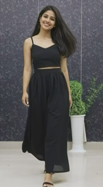 Classic Black Georgette Three-Piece Suit Set with Designer Keyhole Neck, Golden Thread Embroidered Outer Kurti, Matching Georgette Blouse and Pants, 3/4 Sleeve