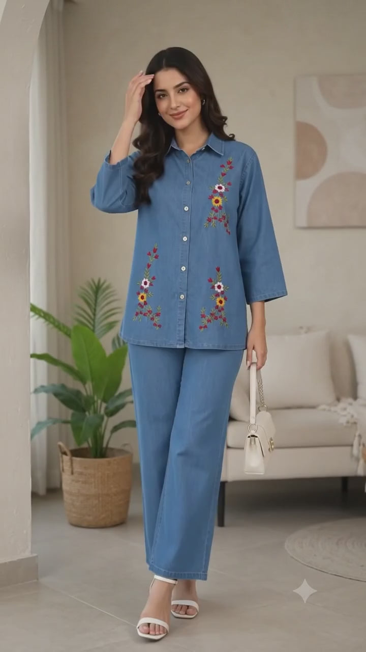 Embroidered Denim Co-ord Set Featuring Matching Kurti and Palazzo Pants with Detailed Stitch Work