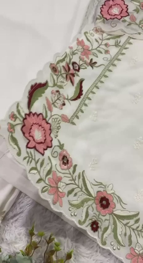 Elegant Embroidered Fox Georgette Top with Flowing Plazzo Pants and Matching Dupatta Set