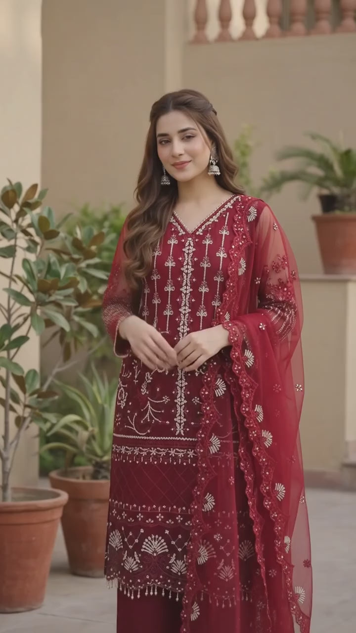 Heavy Soft Net Sharara Suit Set with Sequined Pearl Work, Soft Butter‑Silk Palazzo, and Embellished Heavy‑Shine Net Dupatta