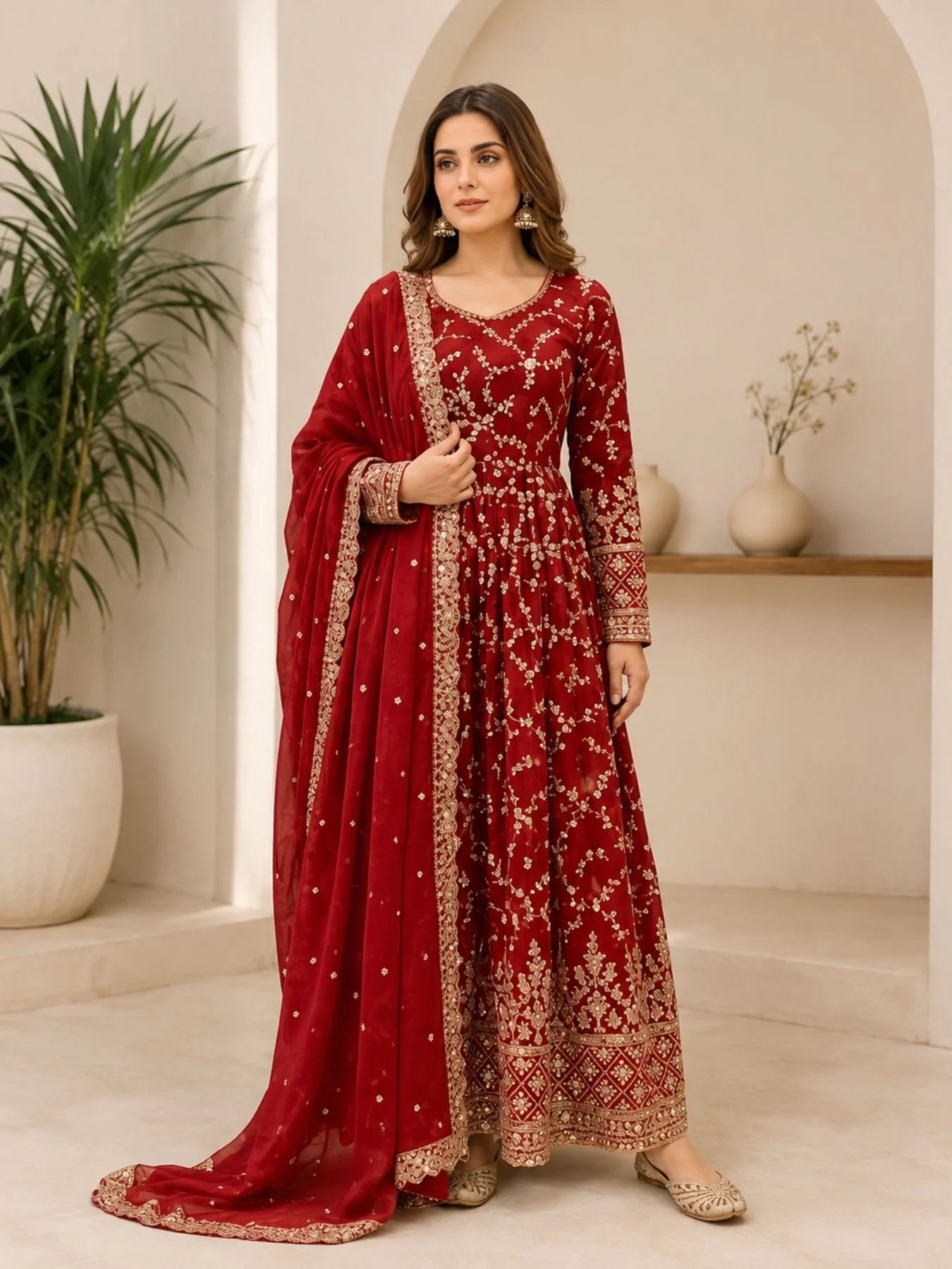 Glamorous Chinon Anarkali Set With Mirror Work Sleeves And Cut Work Dupatta