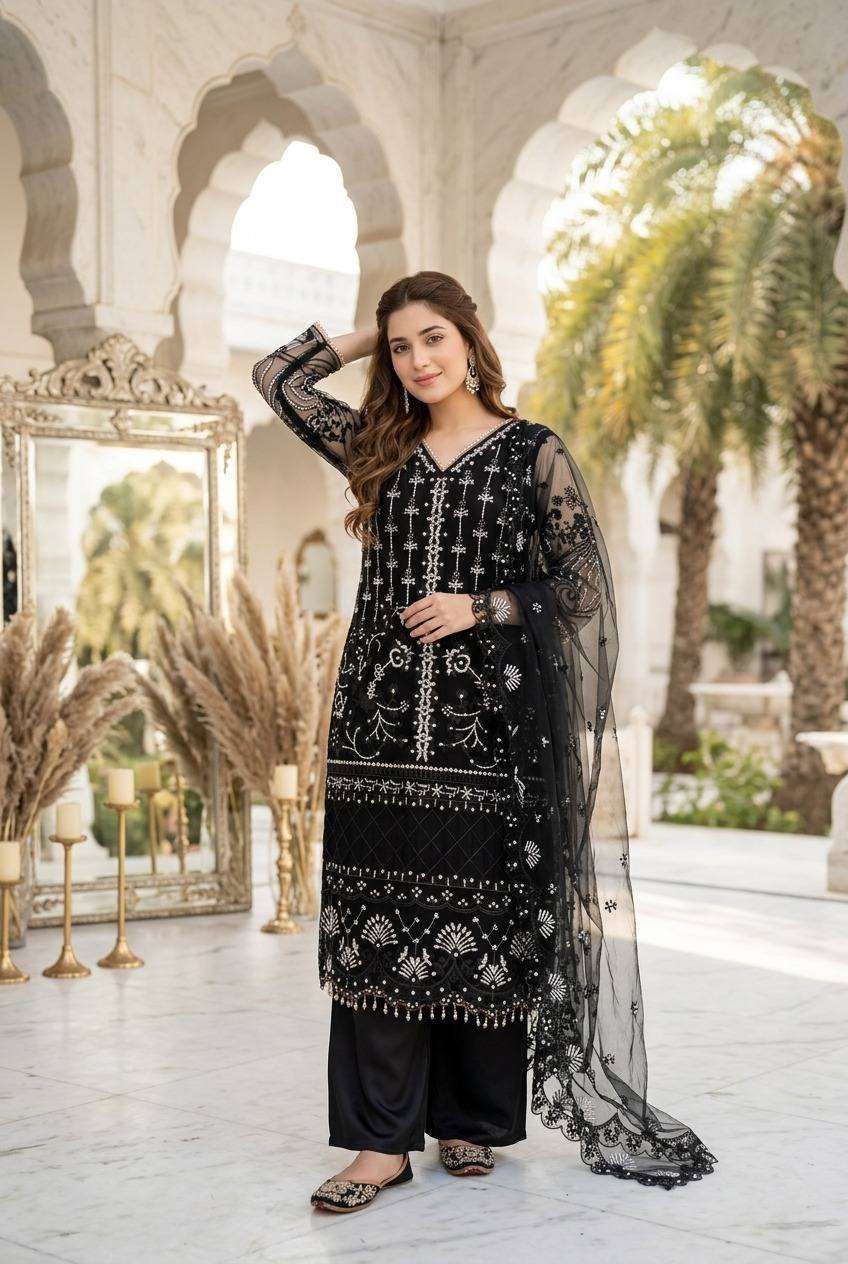 Heavy Soft Net Sharara Suit Set with Sequined Pearl Work, Soft Butter‑Silk Palazzo, and Embellished Heavy‑Shine Net Dupatta