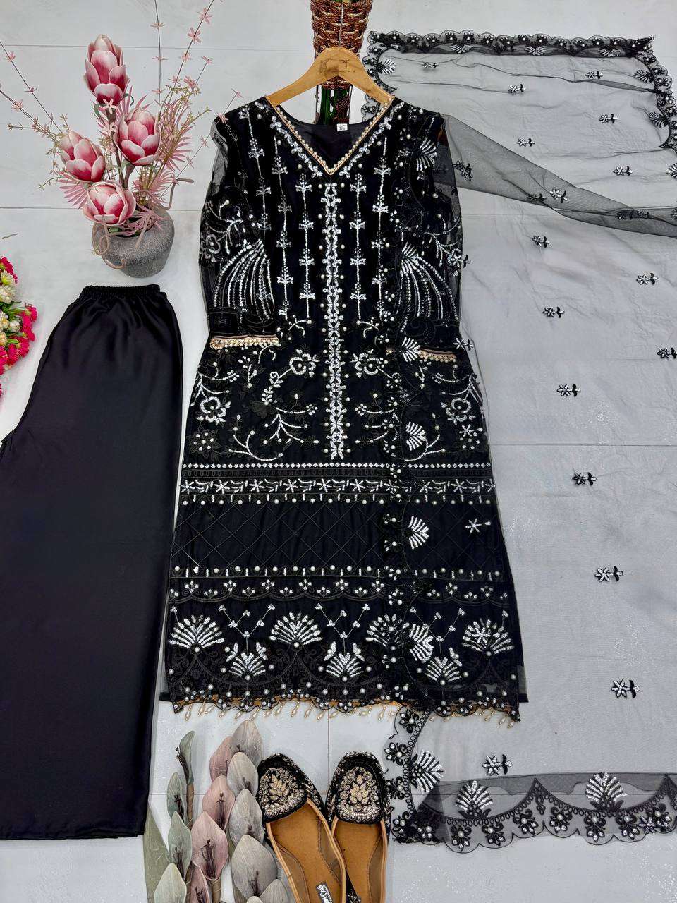 Heavy Soft Net Sharara Suit Set with Sequined Pearl Work, Soft Butter‑Silk Palazzo, and Embellished Heavy‑Shine Net Dupatta