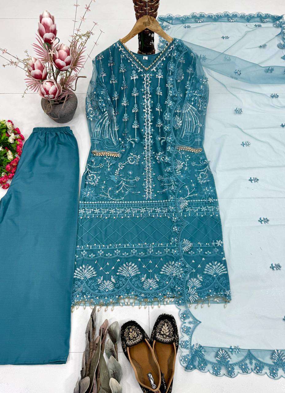 Heavy Soft Net Sharara Suit Set with Sequined Pearl Work, Soft Butter‑Silk Palazzo, and Embellished Heavy‑Shine Net Dupatta