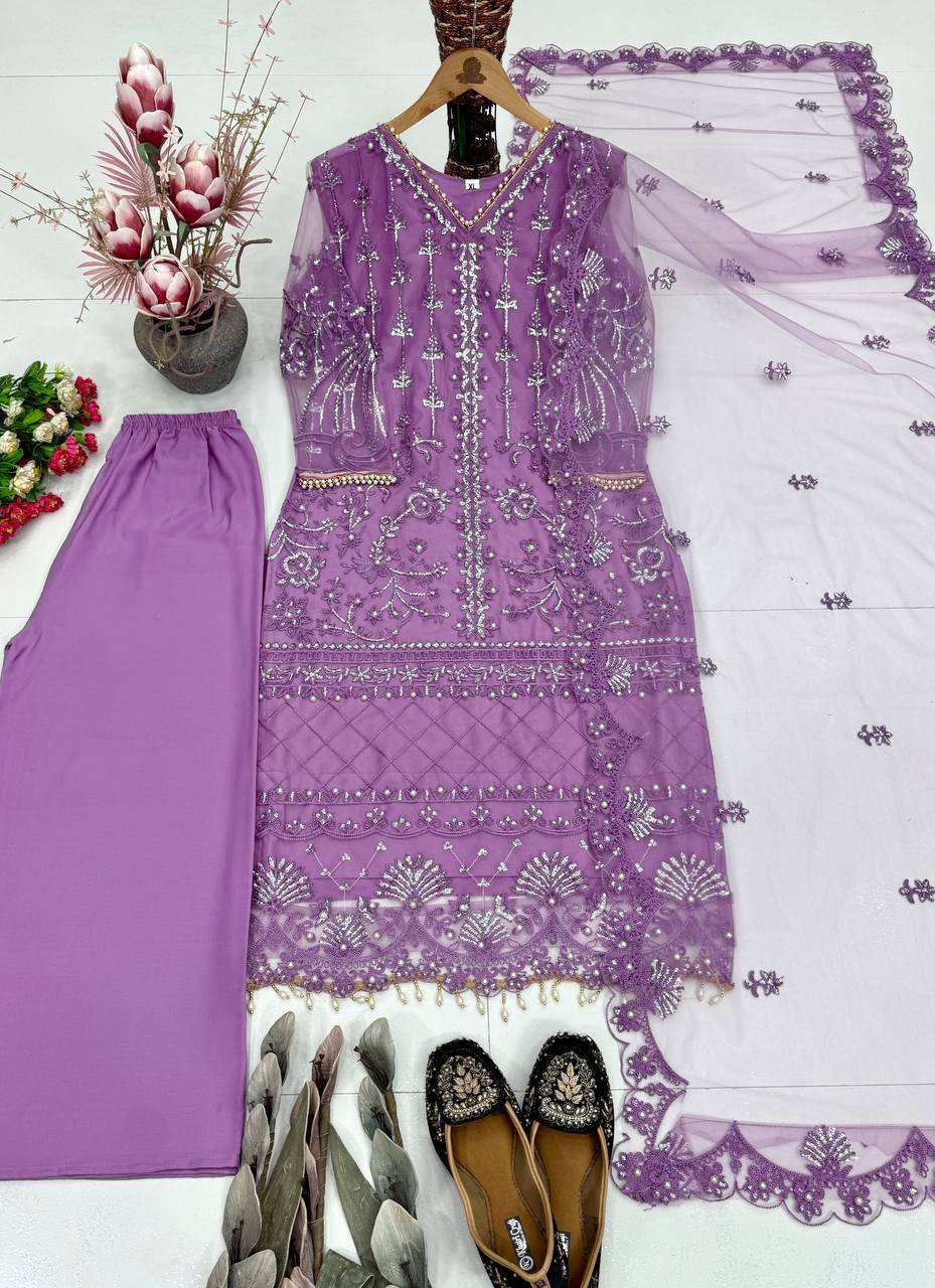 Heavy Soft Net Sharara Suit Set with Sequined Pearl Work, Soft Butter‑Silk Palazzo, and Embellished Heavy‑Shine Net Dupatta