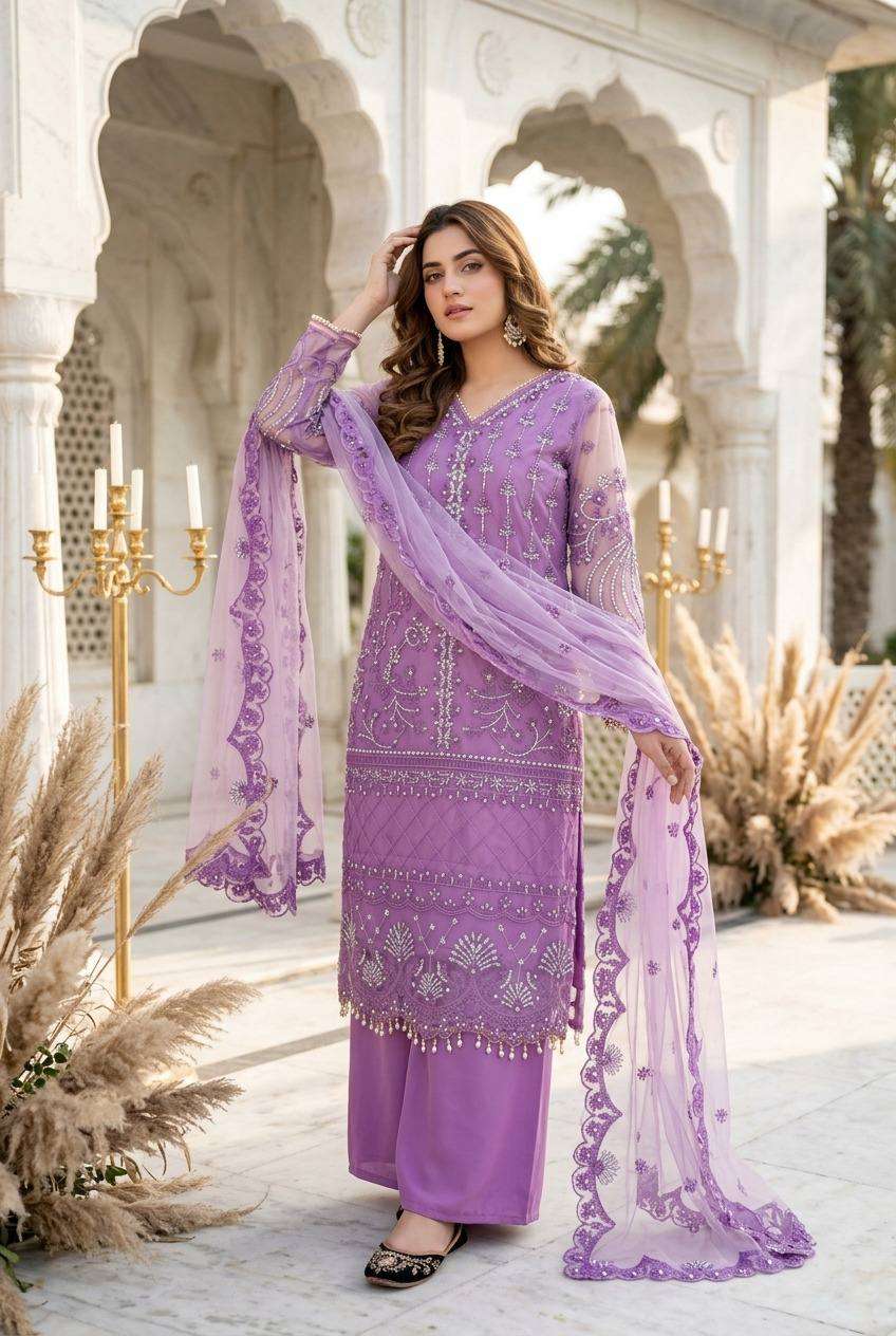 Heavy Soft Net Sharara Suit Set with Sequined Pearl Work, Soft Butter‑Silk Palazzo, and Embellished Heavy‑Shine Net Dupatta