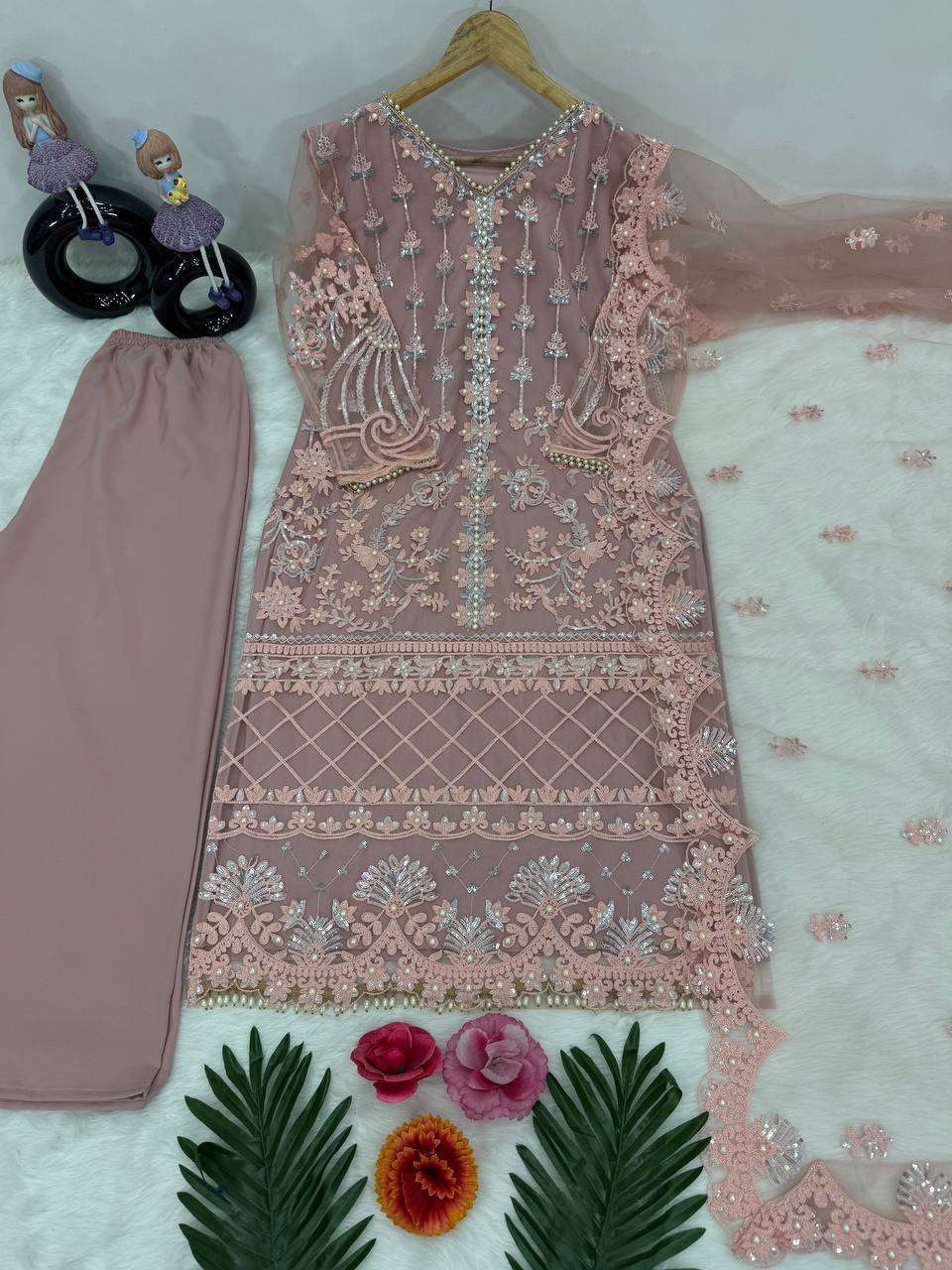 Heavy Soft Net Sharara Suit Set with Sequined Pearl Work, Soft Butter‑Silk Palazzo, and Embellished Heavy‑Shine Net Dupatta