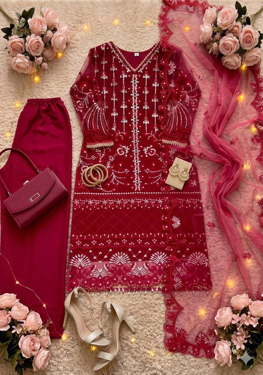 Heavy Soft Net Sharara Suit Set with Sequined Pearl Work, Soft Butter‑Silk Palazzo, and Embellished Heavy‑Shine Net Dupatta