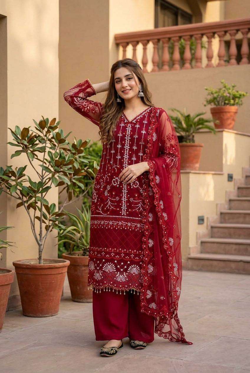 Heavy Soft Net Sharara Suit Set with Sequined Pearl Work, Soft Butter‑Silk Palazzo, and Embellished Heavy‑Shine Net Dupatta