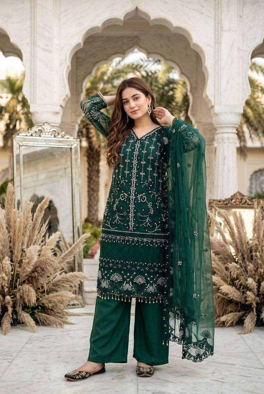 Heavy Soft Net Sharara Suit Set with Sequined Pearl Work, Soft Butter‑Silk Palazzo, and Embellished Heavy‑Shine Net Dupatta